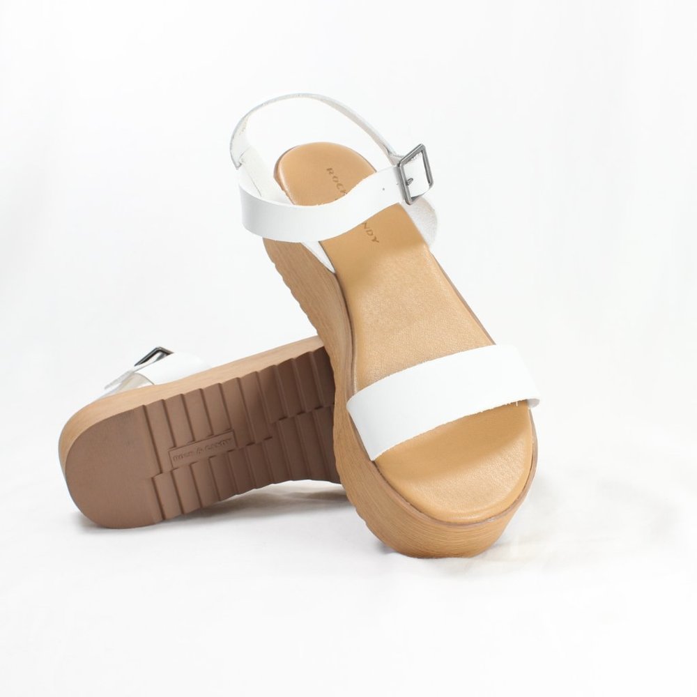 Rock & Candy White Strap Platform Sandals with Tan Wedge